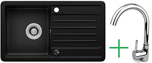 LINDBERGH® Küchen Granit-Spüle Schwarz VEL44 + 1-Helia mit Siphon, Verbundstoffe Made in Germany, Spülen Küche Küchenspüle Spülbecken Kitchen Waschbecken Sinks Einbauspüle, inkl. Imprägnierung