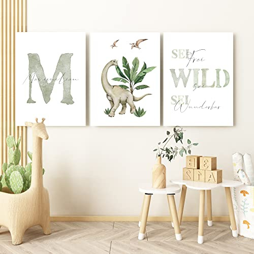 Pandawal Kinderzimmer Bilder Dino mit Spruch und Name Dinosaurier 3er Poster- Set für Mädchen und Junge Wandbilder