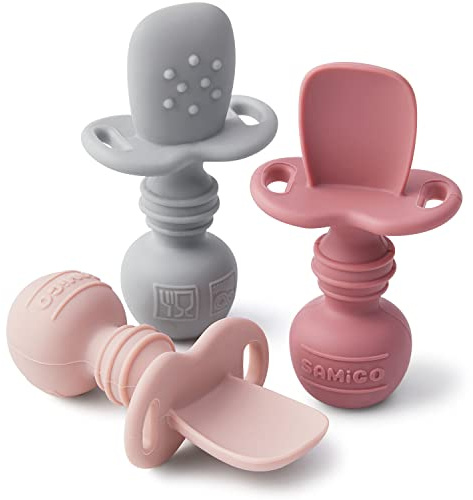 SAMiGO Silicone Baby Spoons Self Feeding 6+ Months - Infant Toddler Utensils - First Stage Baby Led Weaning Feeding Supplies - Set of 3 Pack