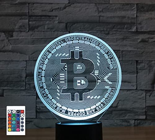 SUPERRUIDALONG 3D Bitcoin Nachtlichter Fernbedienung 16 Farben Illusion Acryl LED Tisch Nachttisch Lampe Kinder Schlafzimmer Schreibtisch Dekor Geburtstag Geschenke Spielzeug für Kinder
