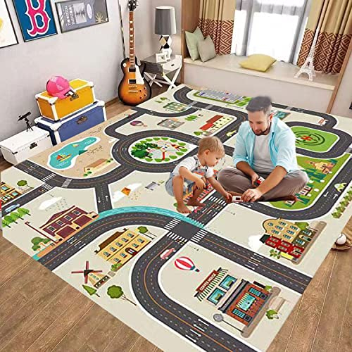 ZFHNYJWKL Kinderteppich Autoteppich Spielteppich Junge Auto Straße Haus Bauteppich Grau Blau Grün (C,140X200CM)