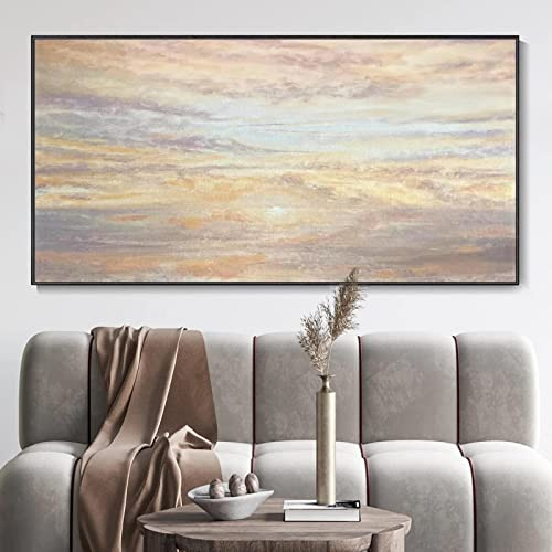 Übergroßes Kunstwerk, Ölgemälde, große Wandkunst, Sonnenaufgang, abstrakt, Rahmen, Poster, Gemälde für Wohnzimmer, Büro, Dekoration, 85 x 170 cm/(34 x 68 Zoll) mit schwarzem Rahmen