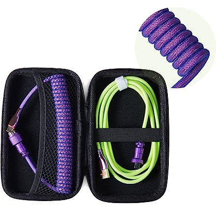 Formulamod USB C Coiled Keyboard Cable for Mechanical Keyboards - Double Sleeved Aviator Cable With Organizer Zipper Bag (Green & Purple)