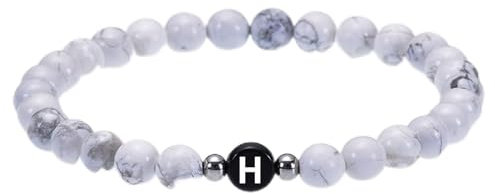 Armband mit Buchstaben, Armband Damen Perlen Weiss Magnesit Legierung Elastische Perlen mit Buchstaben H Perlenarmbänder Geschenke für Frauen 17cmx6mm