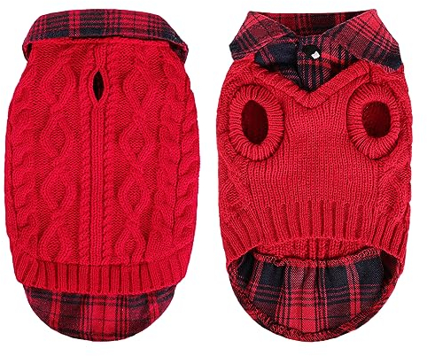 CITÉTOILE Warme Hundepullover mit Karomuster, Rollkragen & Leinenlöchern – Winter Welpenkleidung für kleine/mittlere/große Hunde Katzepullover für Weihnachten, Rot, L