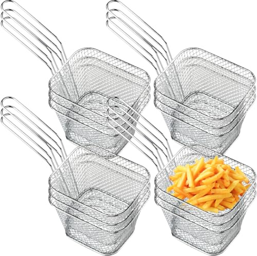 Voittozege 12 Pcs Mini Square Fry Basket Steel Stainless Steel Fry Basket with Handle Food Baskets for Serving Reusable Fry Holder Mini Deep Fryer with Basket for Kitchen Restaurant Barbecue (Silver)