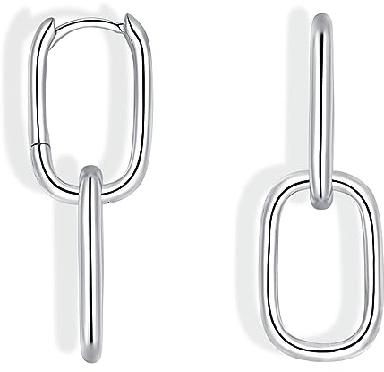 Cangall Convertible Link Earrings for Women, 925 Sterling Silver Double Oval Hoop Earrings, Paperclip Link Chain Earrings, Hypoallergenic Small Silver Sleeper Earrings with Geometric Drop Earrings