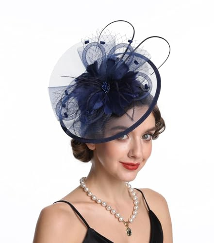 Haojing Sinamay Flower Feather Headband Fascinator Wedding Headwear Ladies Race Royal Ascot Pillbox Wedding Cocktail Tea Party Derby Hat for Women