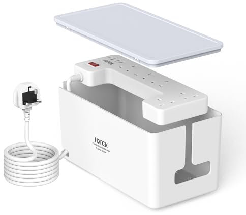 FDTEK Extension Lead with USB Slots & Cable Tidy Box - 5 Way Socket Extension, 4 USB Ports, 2M Cord Power Strip With Switch & Plug Tidy Cable Management Box large for Home & School Supplies