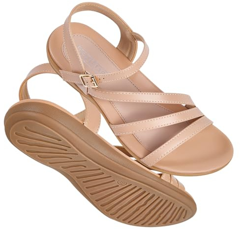 SERASTAR Flat Sandals for Women Dressy - Size 7 Ankle Strap Summer Sandals - Comfortable Walking Cushioned Womens Flats Sandal Apricot