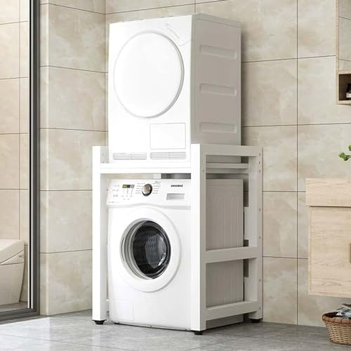 NWRYSM Waschmaschine Trockner Schrank Übereinander Schrank für Waschmaschine und Trockner mit 3 Höhenverstellbar Regal Waschmaschinenschrank 5cm Vierkantrohr aus Kohlenstoffstahl (Weiß, Weiße Beine)