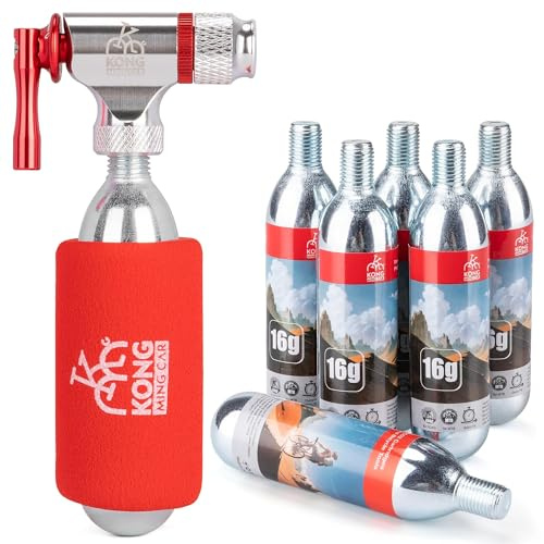 KONG MING CAR Set di gonfiaggio CO2 per ciclismo con 6 cartucce filettate di CO2 da 16 g/25 g, compatibile con valvole Presta e Schrader (Gonfiatore + 16 g x 6 cartucce di CO2)