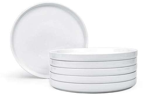 Jassceram 10.5 Inch Dinner Plates, Ceramic Flat Plates for Dining and Kitchen, High Edge Modern Plates - Microwave, Oven and Dishwasher Safe, Scratch Resistant and Lead-Free, Set of 6, White, 27cm