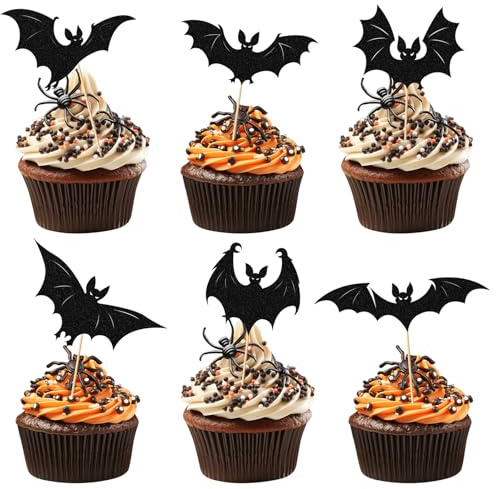 36 Stück Halloween-Cupcake-Topper in Form von Fledermäusen in Schwarz, einfach anzubringende halloween deko, muffin deko fledermaus deko, geeignet für Kindergeburtstage Halloween-Party-Dekorationen