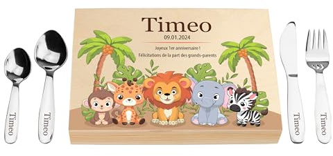 LAUBLUST Couverts pour Enfants gravés - Coutellerie dans boîte en Bois imprimé, Naturelle - Couverts avec prénom | Cadeau de baptême pour Enfants | Couverts de Table en INOX (Safari)