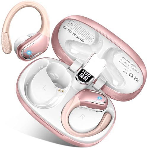 Wireless Earbuds, Bluetooth 5.3 Headphones Sport, 75H Hi-Fi Stereo Wireless Earphones with 4 ENC Noise Canceling Mic, IP7 Waterproof Ear Buds with Earhooks, LED Display Bluetooth Earbuds, Rose Gold