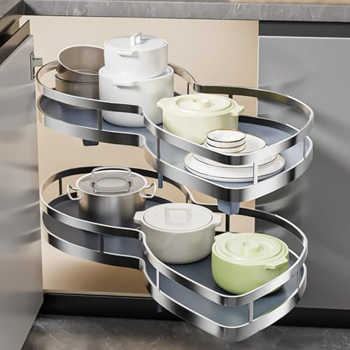 JNMDLAKO Karussell Eckschrank Küchenauszug, Ausziehbare Eckschrank Beschlag,blinder Eck-Auszieh-Organizer Höhenverstellbar Rehbares Eckregal für Eckschränke mit Öffnung nach Rechts,2-stuf