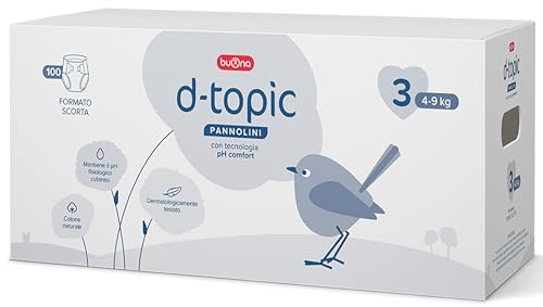 Buona D-Topic Pannolini Taglia 3, 4-9kg - con Tecnologia pH Comfort - Formato Scorta: 100 pz Dermatologicamente Testato, Cotone Naturale, Materiali Traspiranti Delicati sulla Pelle dei Bambini