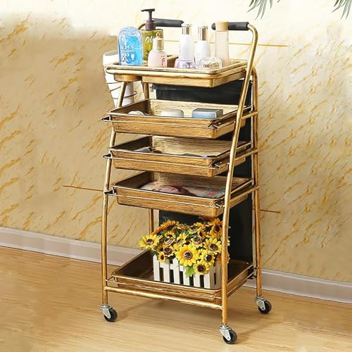 Friseurwagen Rollwagen mit Rollen Trolley Cart Friseur Wagen Tattoo Wagen Kosmetikwagen Aufbewahrungswagen Schubladen Rollwagen(Gold)