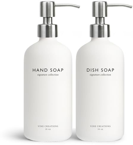 Vine Creations Glass Soap Dispenser Set, Dish Soap and Hand Soap Dispenser Set with Stainless Steel Pump, 16 oz Glass Dispensers for Kitchen or Bathroom Decor (Matte White Bottle/Silver Pump)