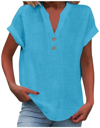 riou Women's Summer Cotton Linen Cap Sleeve T-Shirt Button Down V-Neck Loose Tunic Tops Fashion Baggy Solid Plain Casual Shirts Trendy Lounge Blouse
