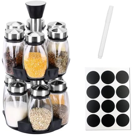 Drehbares Gewürzregal mit 2 Etagen und 12 Gewürzgläsern, 120 ml, drehbare Arbeitsplatte, Kräuter- und Gewürzregal, Turm-Organizer mit Etiketten und Stift, um 360° drehbar, Küchenarbeitsplatte