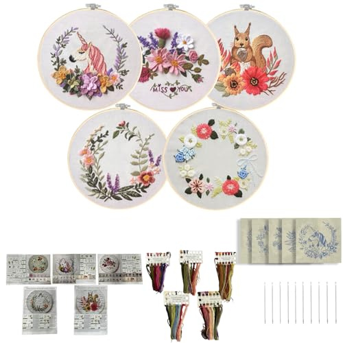 GOGLAM Stickset für Anfänger, 5 Set Stickerei Starter Kit Blumen für Erwachsene, DIY Stanznadel Kit mit Blumenkranz Tiermuster, Reifen, Nadel, Handstickerei Kit