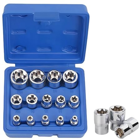 Jeu de 14 clés à douilles Torx externes : WANDGU Jeu de clés à douilles 1/2'', 1/4'', 3/8'' E4, E5, E6, E7, E8, E10, E11, E12, E14, E16, E18, E20, E22, E24 avec boîte de rangement, bleu
