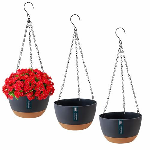 Exquilnova 3Pcs Hanging Plant Pot,Hanging Basket with Drainage Holes and Saucers,Hanging Plant Holder for Outdoor Indoor,Hanging Basket Indoor for Plants Flowers (Dark Gray)