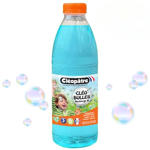 CLEOPATRE CLÉO’Bulles – Recharge Solution Bulles de Savon Bleue 1 L – Hypoallergénique – Fabriqué en France – Spécial pour Les Tout‑Petits – Compatible Machine à Bulles, Pistolet et Baguette