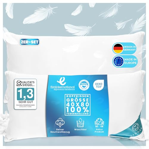 Sandaro Home Kissen 40x80 2er Set Daunen - 3 Kammern daunen kopfkissen 40x80 (750gramm) Öko-Tex Zertifiziert Naturprodukt in reinem Baumwollbezug allergiker - Ultra-Komfort-Kissen