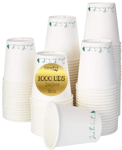 GreenFyA 1000 Vasos de Papel Desechables 240ml (8oz) Ecológicos – Blancos o Kraft – Para Café, Té, Agua, Bebidas Calientes y Frías – Uso en Oficina, Hostelería, Eventos, Catering y Takeaway
