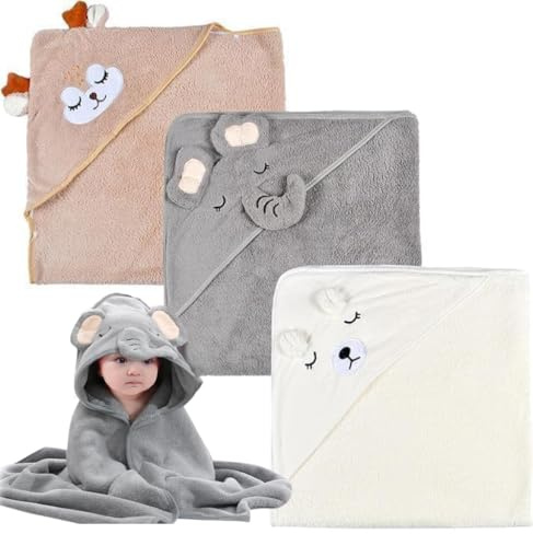 Neuytiky 3 Pezzi Asciugamano per Bambini con Cappuccio, Asciugamano Set per Neonati e Bambini, Accappatoio Neonato, Morbido e Assorbente, Pile di Corallo, Adatto per Neonati 0-3 Anni