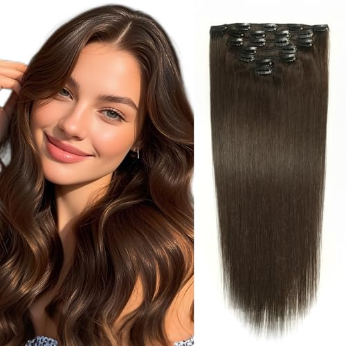 WOWANGEL Clip in Extensions Echthaar, 7 Stück 100% Echthaar Haarverlängerungen mit 19 Clips, Salonqualität Weiches Glattes Haar, Leicht & Natürlich, Ideal für Volumen & Länge, #2 Dunkel Braun