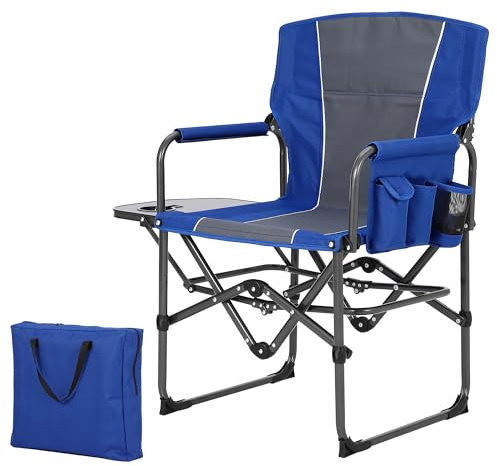 GarveeLife Oversized Directors Camping Chair, Portable Folding Chair for Adults Support 400 lbs, Heavy Duty Lawn Chair with Side Table, for Camping, Sports, Picnic, Beach, Fishing, Blue