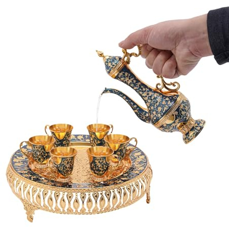 Kaffeetasse und Teekanne Set 25*7cm 250ml Großes Fassungsvermögen Luxuriöses Kaffeetassen-Set mit 6 Teetassen, Vintage Türkisches Kaffeekannen-Set für Wohnzimmer, Unternehmen (Gold und Dunkelblau)