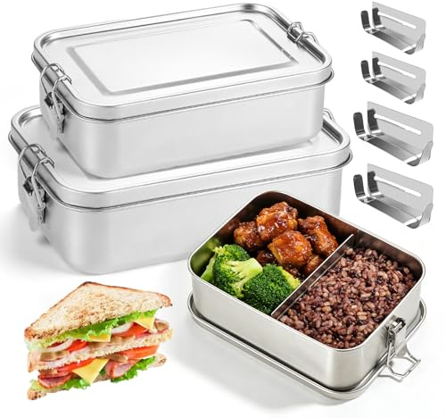 2pcs Brotdose Edelstahl 850ml, 1400ml, Edelstahl Brotdose mit Fächern, Lunchbox Vesperdose Brotdos Metall Mit Fächern Abnehmbar, Brotbüchse Brotzeitdose Jausenbox Bentobox Brotbox Für Schule, Arbeit