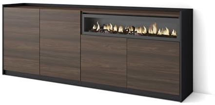 Skraut Home | Aparadores para salón | Gran Capacidad de almacenaje | 207x80x37 cm | 4 Puertas | Chimenea eléctrica | Estilo Moderno | Roble Oscuro y Negro