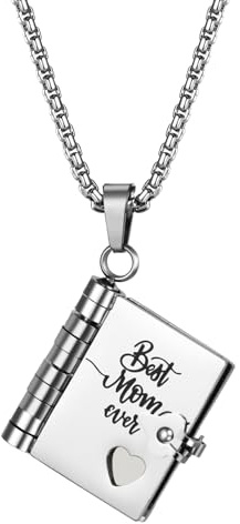 Flongo Mum Necklace Silver: Opening Book Pendant My Little Star - 6 Pages Gift from Children - Stainless Steel Chain 60cm - Mother's Day Birthday Christmas Jewellery for Mother Women