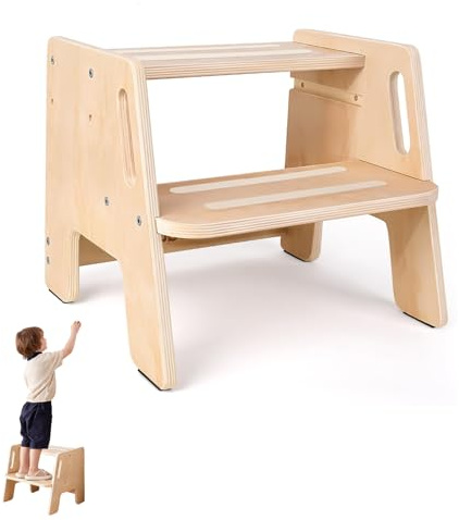 Yunlaishaocer Taburete Infantil de Madera con 2 Peldaños,Escalon Infantil con Asa y Almohadilla Antideslizante, Altura Regulable, para Baño, Dormitorio y Cocina - Ideal para Niños