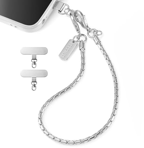 SRDZ Cellphone Wristlet Copper Lanyards，Silver Metal Safety Detachable Anti Theft Phone Chains Cell Phone Charm Strap Wrist Bracelet，2 Patches 1 Lightweight Wristlet Phone Leash Lanyard For Women Girl