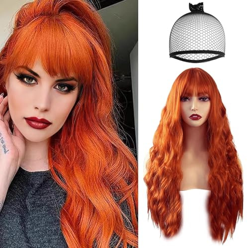 HTTDSLF 66 cm Largo Pelucas Onduladas Con Flequillo Lacio, Pelucas Largas en Tonos Naranja para Mujer, Sintético Resistente, para Uso Diario Fiestas y Cosplay, Halloween