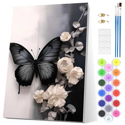 EOBROMD Pintar por Numeros Adultos, Mariposas Pintura por Numeros con Marco, Flores Kit de Pintura al óleo de Lienzo DIY para con Pinceles, Pigmento Acrílico, Decoración para el Hogar 20x30cm