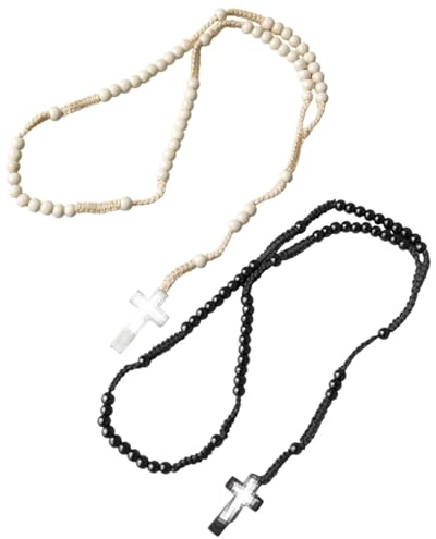 WINXMIN 2 pièces Chapelet en Bois D'olivier,Chapelets Catholiques Faits à la Main,Bijoux Religieux avec Croix(Noir/Blanc)