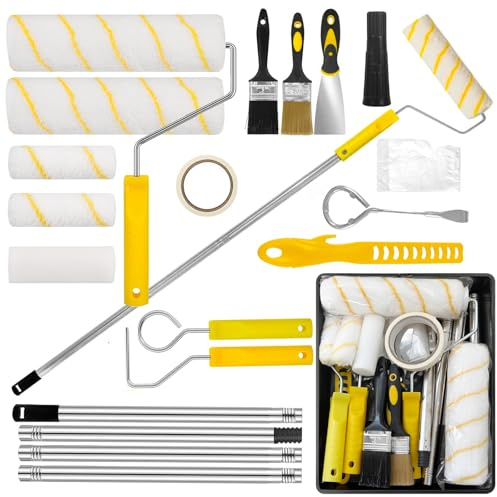 18 Teiliges Farbroller Set mit Teleskopstange, Malerset, Farbroller Wandfarbe Malerrolle, Pinsel, Schaber und Farbwanne für Wand Decken (B)