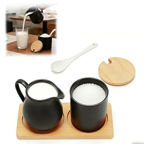 CnosDB Milch und Zucker Set, Keramik MilchkäNnchen und Zuckerdose mit Deckel LöFfel Zucker und Milch Set mit Bambustablett Mikrowellen- und SpüLmaschinenfest