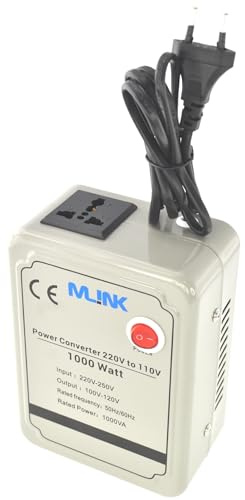 Mlink Transformador de Voltaje 220V a 110V 1000W Toroidal Onda Senoidal Enchufe Universal Carcasa Metalica