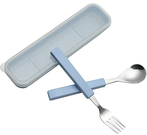 VANRA Couverts pour Enfants, 2 Pièces Inox Fourchette et Cuillère avec Boîte de Rangement pour Gamins,Bleu