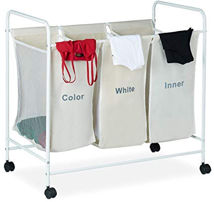 Relaxdays Wäschesortierer, 3 beschriftete Fächer, Rollen zum Feststellen, Volumen 100 Liter, HxBxT 76 x 80 x 46cm, beige, 1 Stück