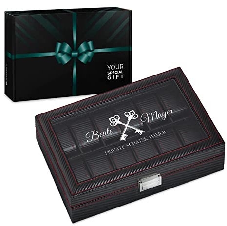 Maverton Uhrenbox mit Gravur für 12 Uhren - 33x21x8cm - Uhrenkasten aus Kunstleder - Schwarz - Geschenk für Damen - Schatzkammer